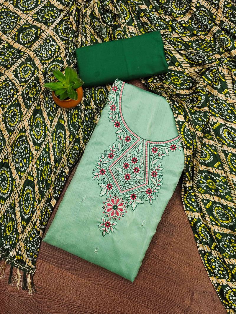 green cotton blend embroidered unstitched dressmaterials 3 pair top bottom dupptaa