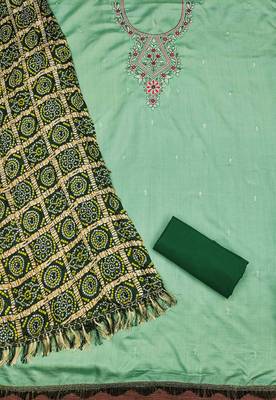 green cotton blend embroidered unstitched dressmaterials 3 pair top bottom dupptaa 3