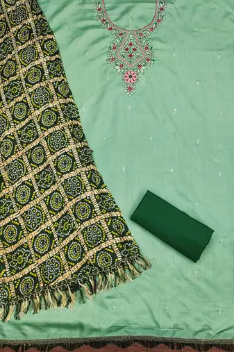 green cotton blend embroidered unstitched dressmaterials 3 pair top bottom dupptaa