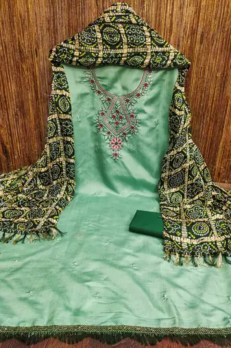green cotton blend embroidered unstitched dressmaterials 3 pair top bottom dupptaa