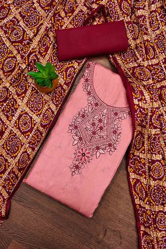 pink cotton blend embroidered unstitched dressmaterials 3 pair top bottom dupptaa