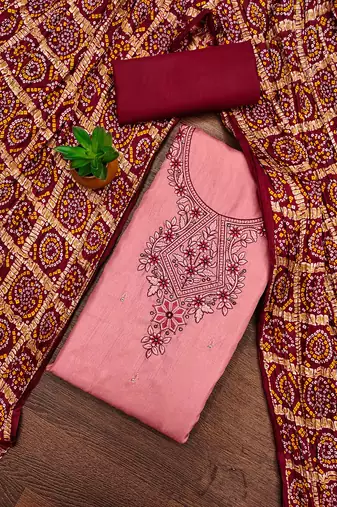 pink cotton blend embroidered unstitched dressmaterials 3 pair top bottom dupptaa