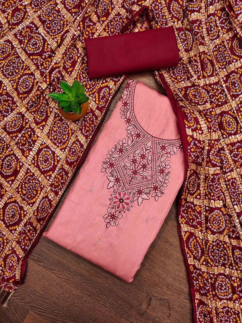 pink cotton blend embroidered unstitched dressmaterials 3 pair top bottom dupptaa
