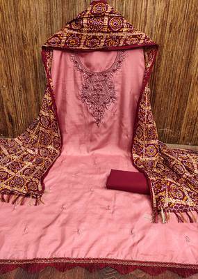 pink cotton blend embroidered unstitched dressmaterials 3 pair top bottom dupptaa 2