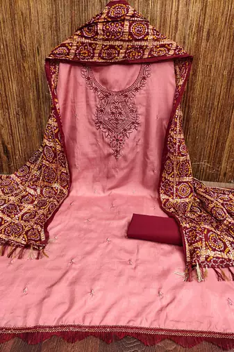 pink cotton blend embroidered unstitched dressmaterials 3 pair top bottom dupptaa