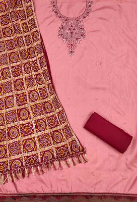 pink cotton blend embroidered unstitched dressmaterials 3 pair top bottom dupptaa 4