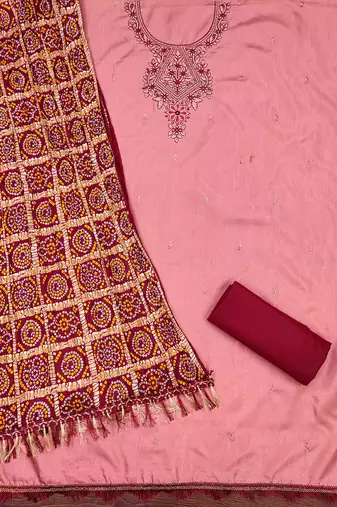pink cotton blend embroidered unstitched dressmaterials 3 pair top bottom dupptaa