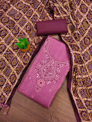 purple cotton blend embroidered unstitched dressmaterials 3 pair top bottom dupptaa 1