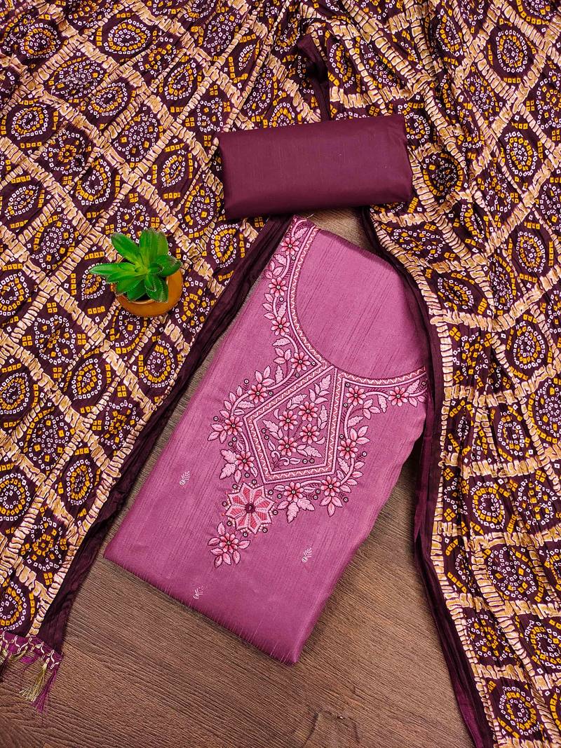 purple cotton blend embroidered unstitched dressmaterials 3 pair top bottom dupptaa