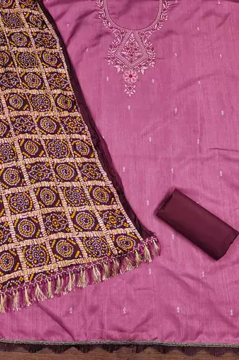 purple cotton blend embroidered unstitched dressmaterials 3 pair top bottom dupptaa