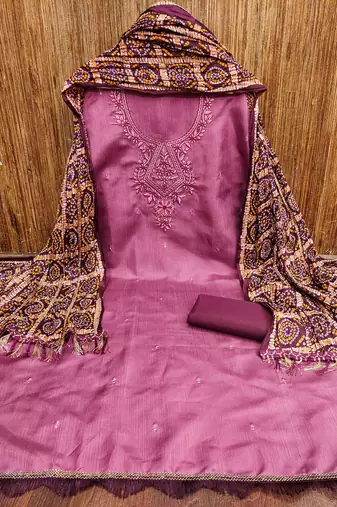 purple cotton blend embroidered unstitched dressmaterials 3 pair top bottom dupptaa