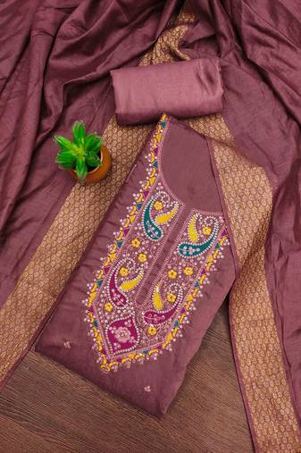 brown cotton blend embroidered unstitched dressmaterials 3 pair top bottom dupptaa