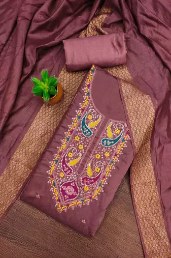 brown cotton blend embroidered unstitched dressmaterials 3 pair top bottom dupptaa