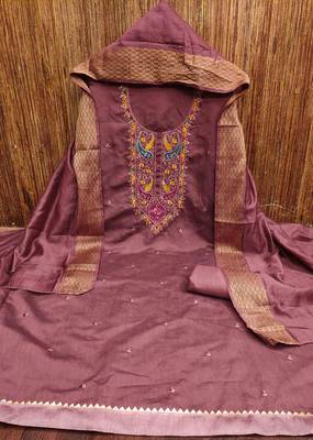 brown cotton blend embroidered unstitched dressmaterials 3 pair top bottom dupptaa 4