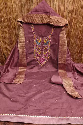 brown cotton blend embroidered unstitched dressmaterials 3 pair top bottom dupptaa
