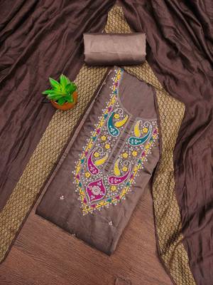 brown cotton blend embroidered unstitched dressmaterials 3 pair top bottom dupptaa 1