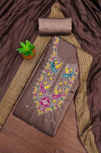 brown cotton blend embroidered unstitched dressmaterials 3 pair top bottom dupptaa