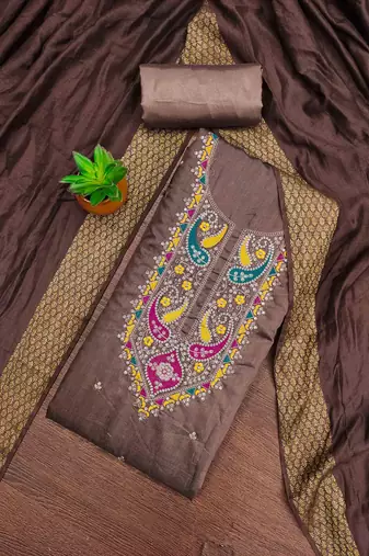 brown cotton blend embroidered unstitched dressmaterials 3 pair top bottom dupptaa