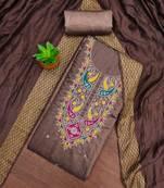 brown cotton blend embroidered unstitched dressmaterials 3 pair top bottom dupptaa