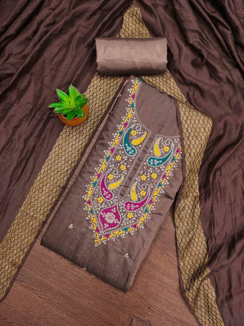 brown cotton blend embroidered unstitched dressmaterials 3 pair top bottom dupptaa