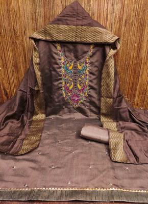 brown cotton blend embroidered unstitched dressmaterials 3 pair top bottom dupptaa 2