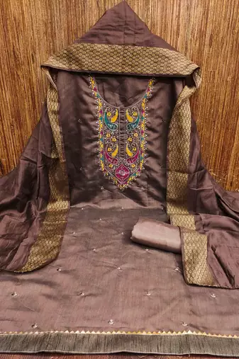 brown cotton blend embroidered unstitched dressmaterials 3 pair top bottom dupptaa
