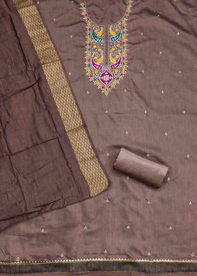 brown cotton blend embroidered unstitched dressmaterials 3 pair top bottom dupptaa 4