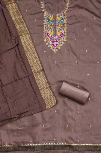 brown cotton blend embroidered unstitched dressmaterials 3 pair top bottom dupptaa