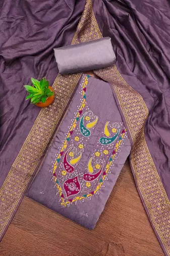 purple cotton blend embroidered unstitched dressmaterials 3 pair top bottom dupptaa