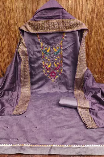 purple cotton blend embroidered unstitched dressmaterials 3 pair top bottom dupptaa