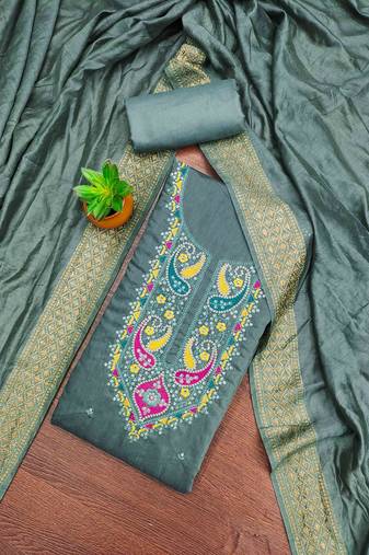 sky cotton blend embroidered unstitched dressmaterials 3 pair top bottom dupptaa