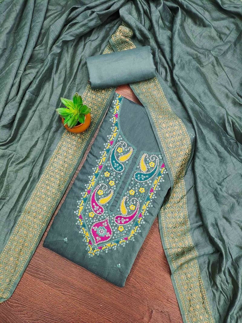 sky cotton blend embroidered unstitched dressmaterials 3 pair top bottom dupptaa