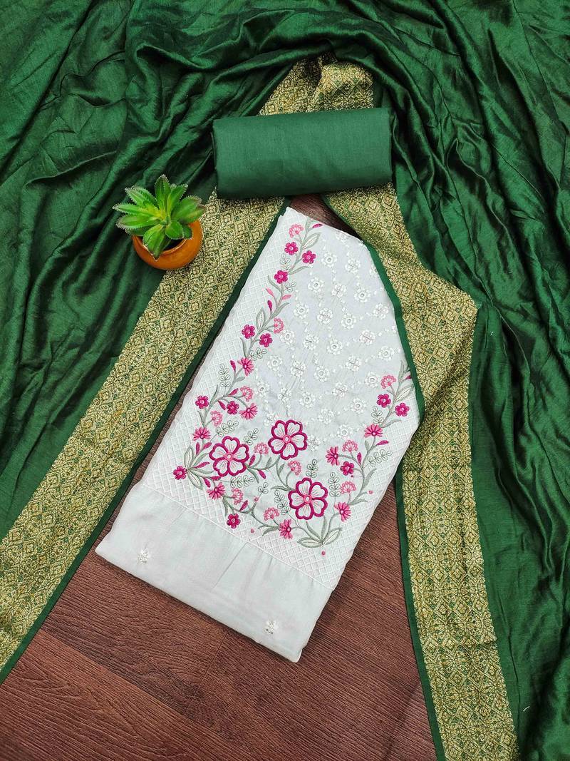 green cotton blend embroidered unstitched dressmaterials 3 pair top bottom dupptaa