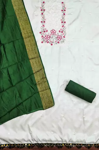 green cotton blend embroidered unstitched dressmaterials 3 pair top bottom dupptaa