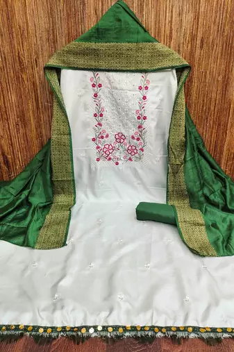 green cotton blend embroidered unstitched dressmaterials 3 pair top bottom dupptaa