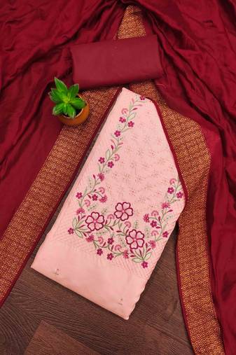 peach cotton blend embroidered unstitched dressmaterials 3 pair top bottom dupptaa