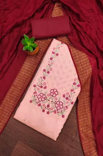 peach cotton blend embroidered unstitched dressmaterials 3 pair top bottom dupptaa