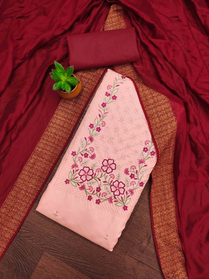 peach cotton blend embroidered unstitched dressmaterials 3 pair top bottom dupptaa