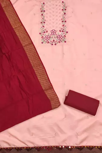 peach cotton blend embroidered unstitched dressmaterials 3 pair top bottom dupptaa