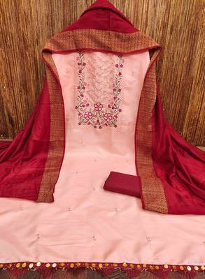peach cotton blend embroidered unstitched dressmaterials 3 pair top bottom dupptaa 4