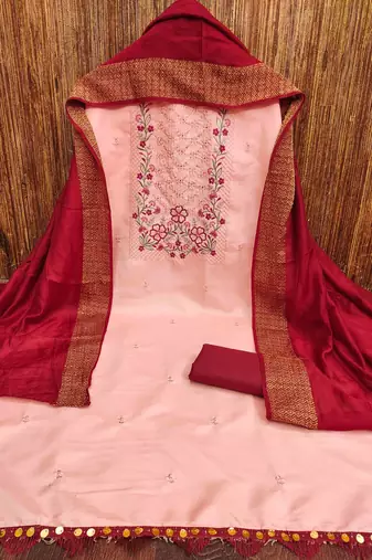 peach cotton blend embroidered unstitched dressmaterials 3 pair top bottom dupptaa
