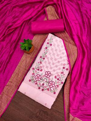 pink cotton blend embroidered unstitched dressmaterials 3 pair top bottom dupptaa 1