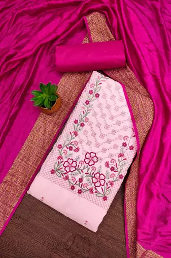pink cotton blend embroidered unstitched dressmaterials 3 pair top bottom dupptaa