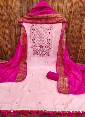 pink cotton blend embroidered unstitched dressmaterials 3 pair top bottom dupptaa 4
