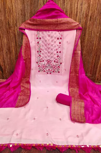 pink cotton blend embroidered unstitched dressmaterials 3 pair top bottom dupptaa