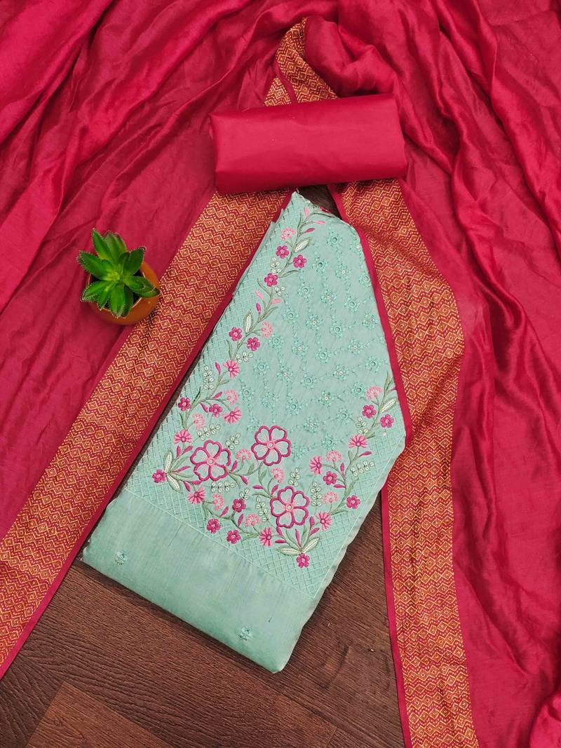 sky cotton blend embroidered unstitched dressmaterials 3 pair top bottom dupptaa