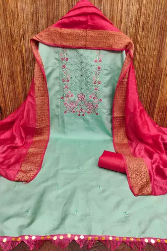 sky cotton blend embroidered unstitched dressmaterials 3 pair top bottom dupptaa