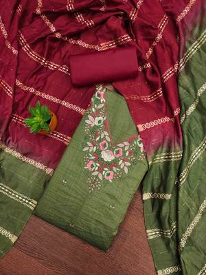 green cotton blend embroidered unstitched dressmaterials 3 pair top bottom dupptaa 1
