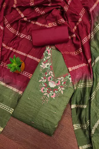 green cotton blend embroidered unstitched dressmaterials 3 pair top bottom dupptaa