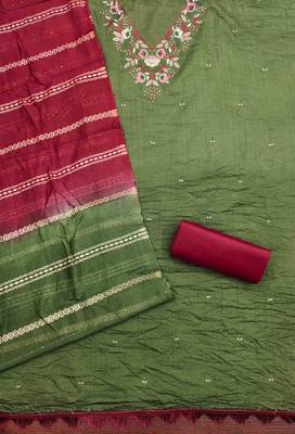 green cotton blend embroidered unstitched dressmaterials 3 pair top bottom dupptaa 3